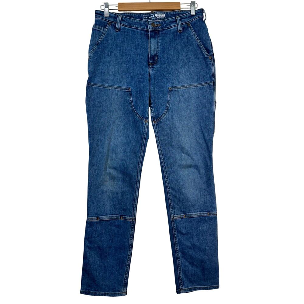 Carhartt Blue Denim Utility Workwear Jeans Relaxed Fit Double Knee Womens 8 Tall